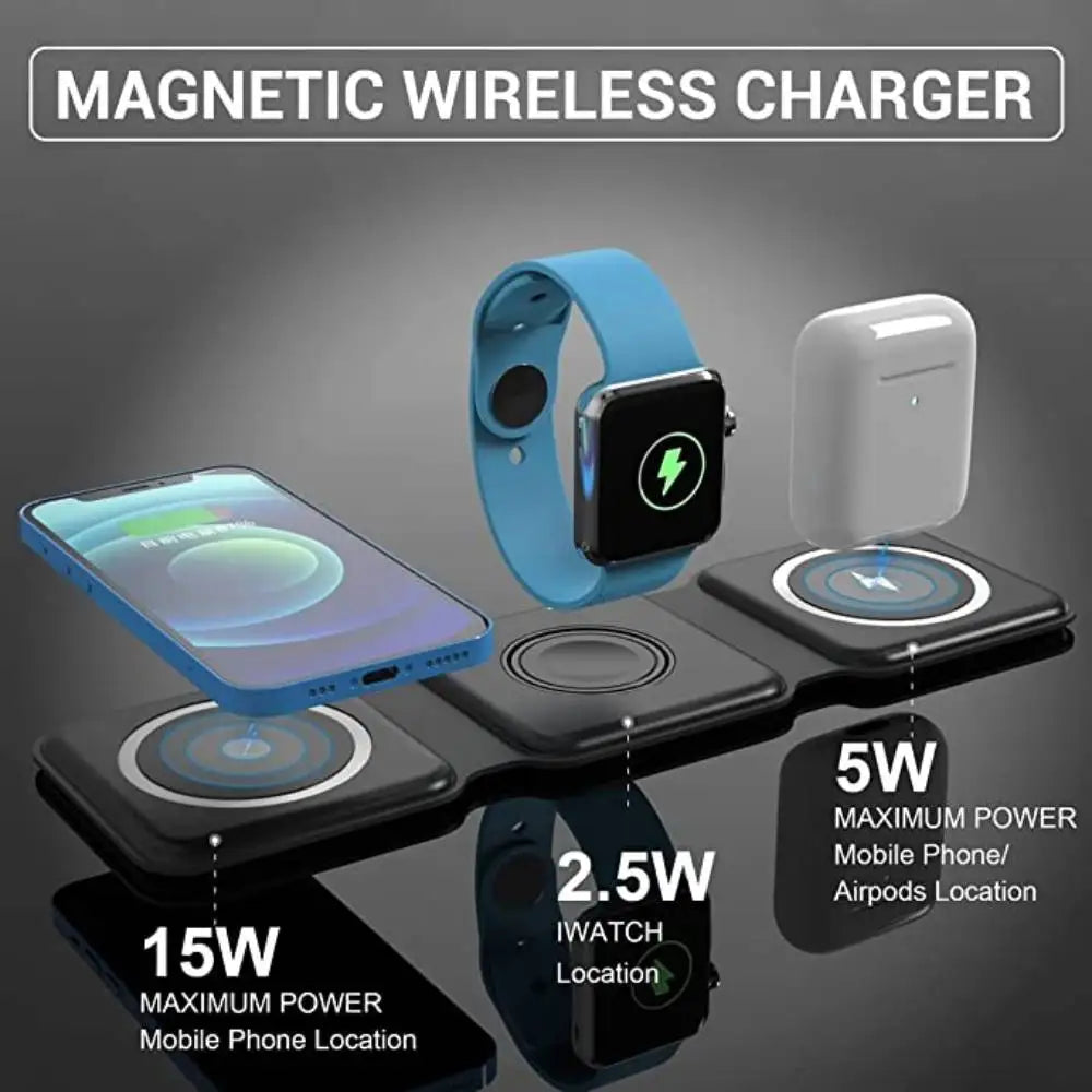 3-in-1 Foldable Magnetic Wireless Charger 15W Charging Station for Phone, Smartwatch and Earbuds