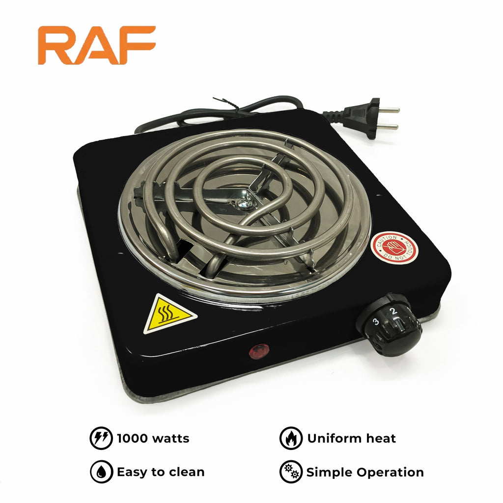 Black RAF R.8010B Electric Stove Hot Plate and Cooker with 1000W Power, Thermostat, and Uniform Heating
