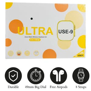Smart Watch Ultra U.S.E | 9-in-1 Fitness Tracker with Heart Rate Monitor, Sleep Tracker & Free Wireless Earbuds | High-Resolution Touchscreen, Water-Resistant & Bluetooth 5.0